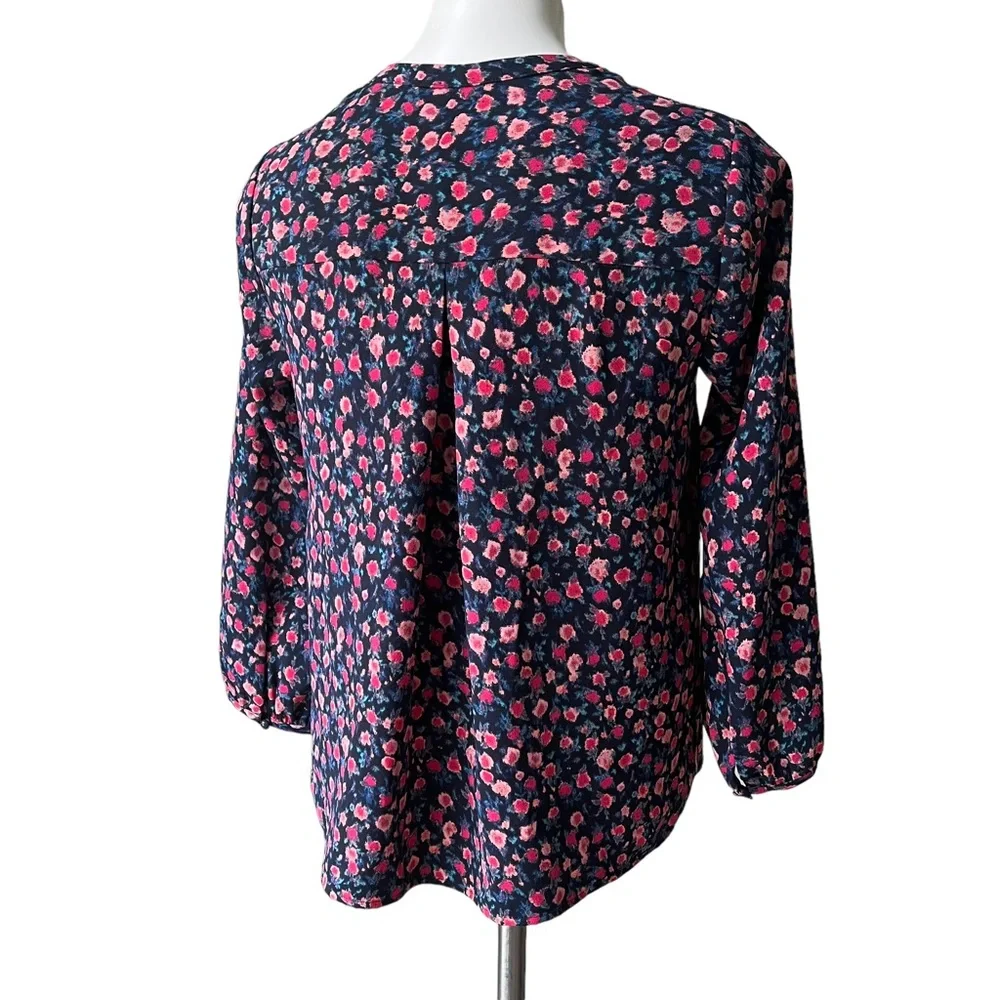 J. Crew Open V-Neck Top Dotted Floral Small Blue Pink Crepe Long Sleeve, Sz XS - Picture 6 of 13